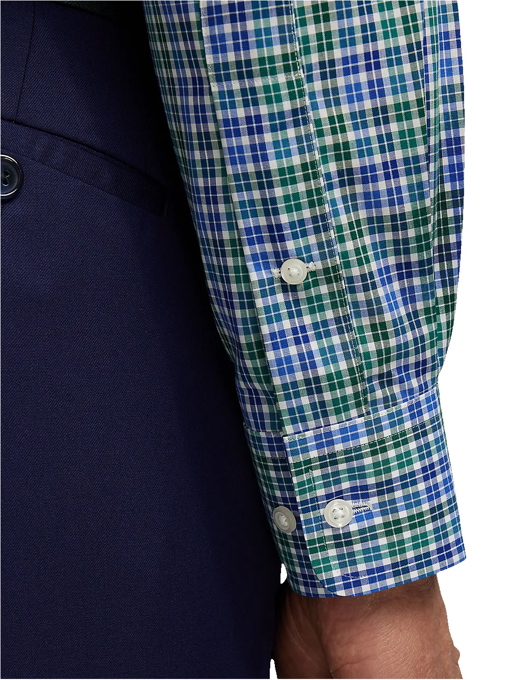 Non-Iron Cotton Check Dress Shirt With Contrast Trim - Blue/green sold by Paul Fredrick product image thumbnail 4