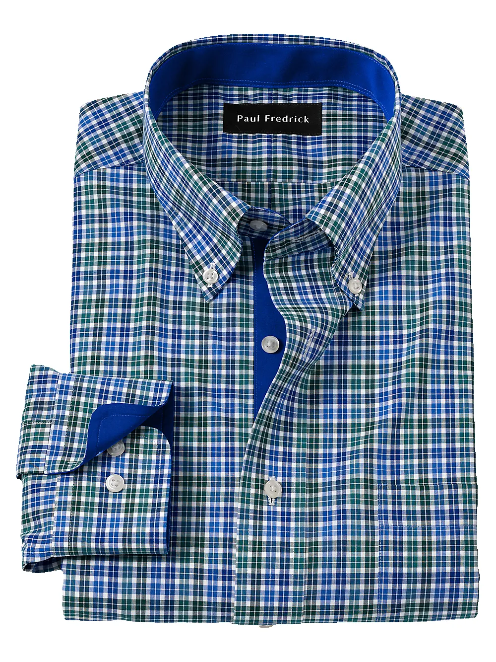 Non-Iron Cotton Check Dress Shirt With Contrast Trim - Blue/green sold by Paul Fredrick