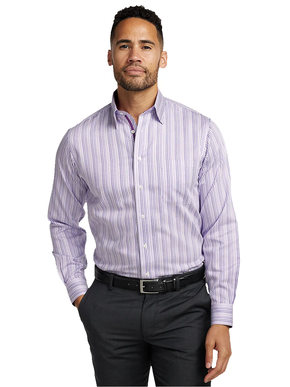 Non-Iron Cotton Stripe Dress Shirt With Contrast Trim - Purple sold by Paul Fredrick product image thumbnail 2