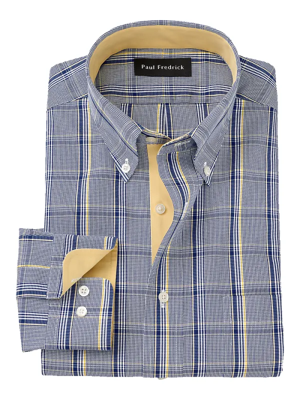 Non-Iron Cotton Plaid Dress Shirt With Contrast Trim - Cobalt/yellow sold by Paul Fredrick
