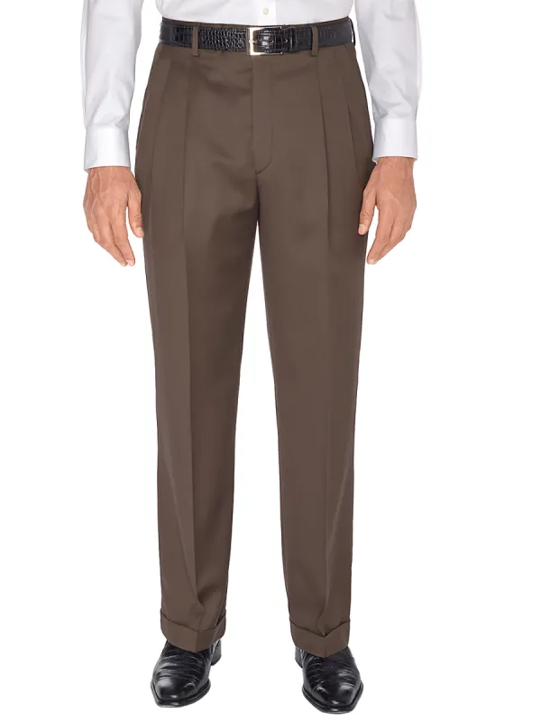 Classic Fit Wool Gabardine Pleated Pants - Dark Brown sold by Paul Fredrick