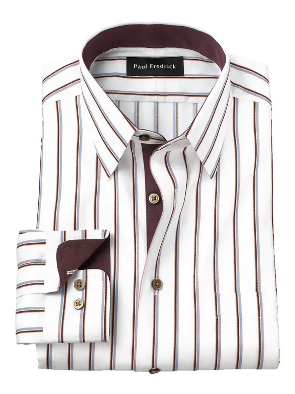 Non-Iron Cotton Stripe Dress Shirt With Contrast Trim - Blue/brown sold by Paul Fredrick