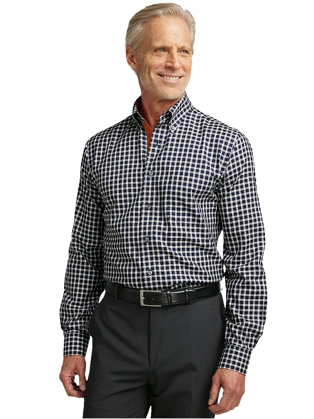 Non-Iron Cotton Check Dress Shirt With Contrast Trim - Black/rust sold by Paul Fredrick product image thumbnail 2