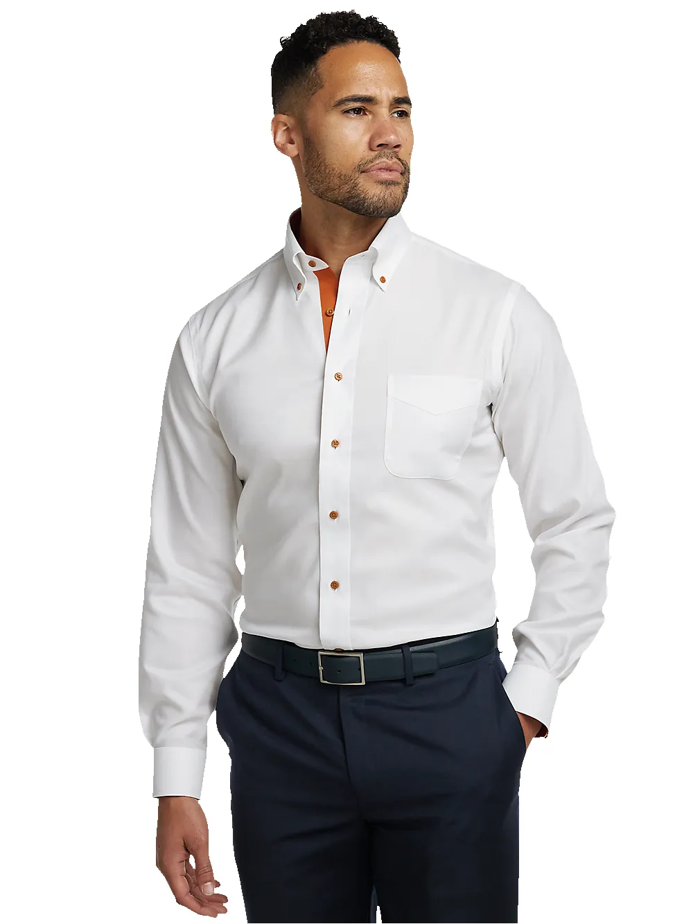 Comfort Stretch Non-Iron Solid Dress Shirt With Contrast Trim - White/rust sold by Paul Fredrick product image thumbnail 2