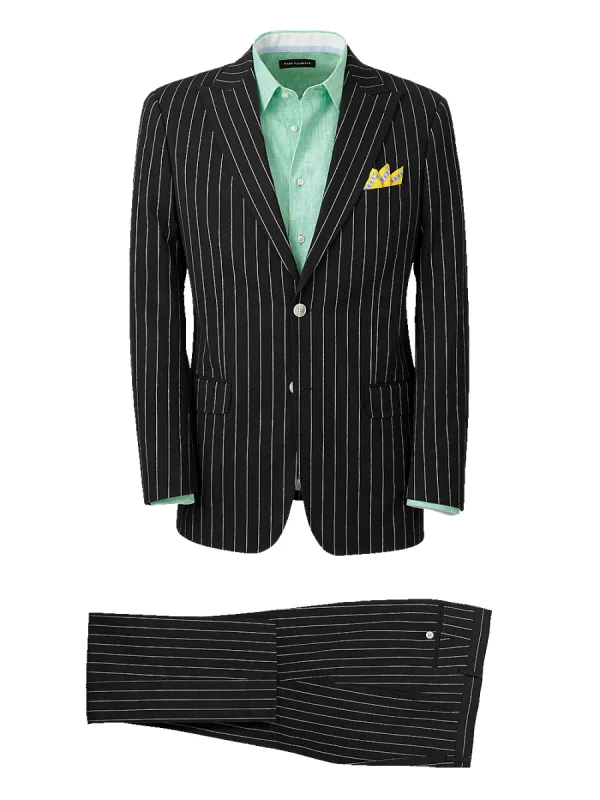 Cotton Stretch Pinstripe Seersucker Peak Lapel Suit - Black sold by Paul Fredrick
