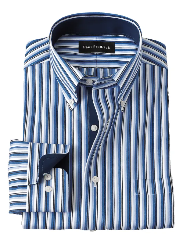 Non-Iron Cotton Stripe Dress Shirt With Contrast Trim - Blue sold by Paul Fredrick
