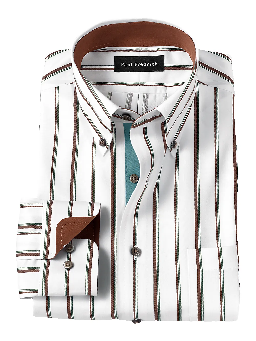 Non-Iron Cotton Stripe Dress Shirt With Contrast Trim - Brown/pine sold by Paul Fredrick
