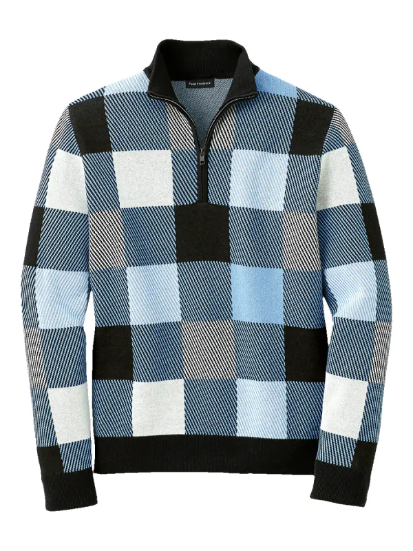 Cotton Quarter Zip Mock Neck Sweater - Blue Multi sold by Paul Fredrick