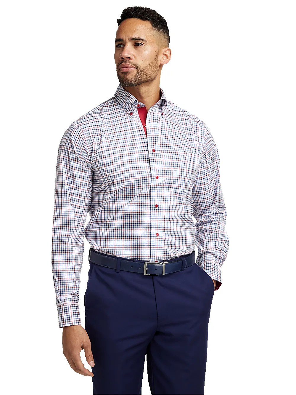 Non-Iron Cotton Tattersall Dress Shirt With Contrast Trim - Blue/red sold by Paul Fredrick product image thumbnail 2