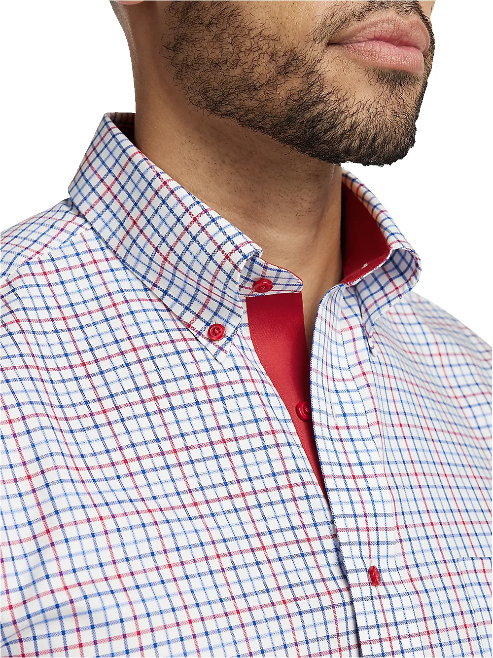 Non-Iron Cotton Tattersall Dress Shirt With Contrast Trim - Blue/red sold by Paul Fredrick product image thumbnail 3
