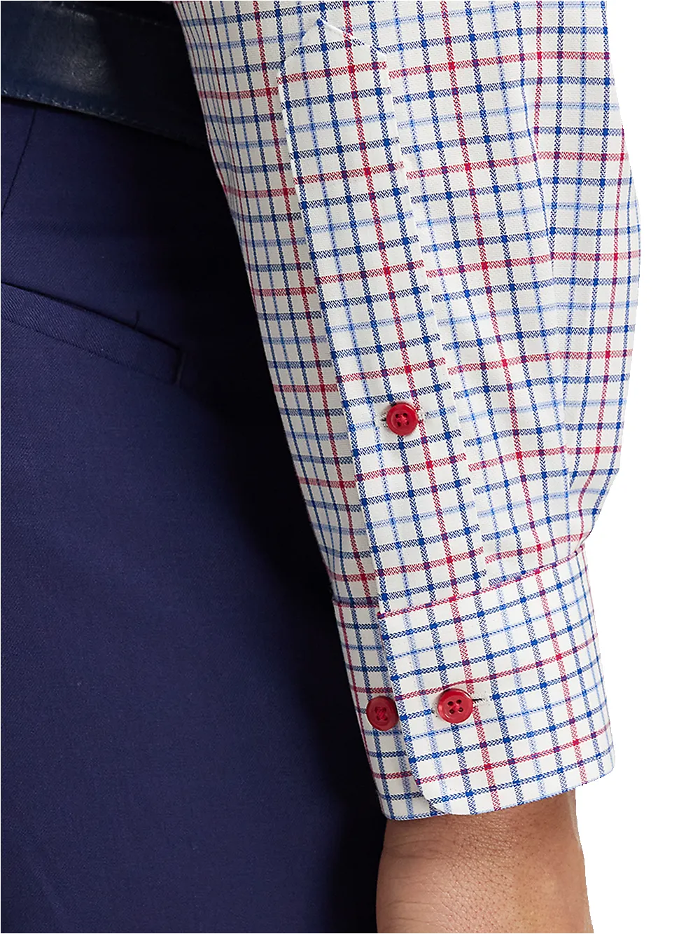 Non-Iron Cotton Tattersall Dress Shirt With Contrast Trim - Blue/red sold by Paul Fredrick product image thumbnail 4