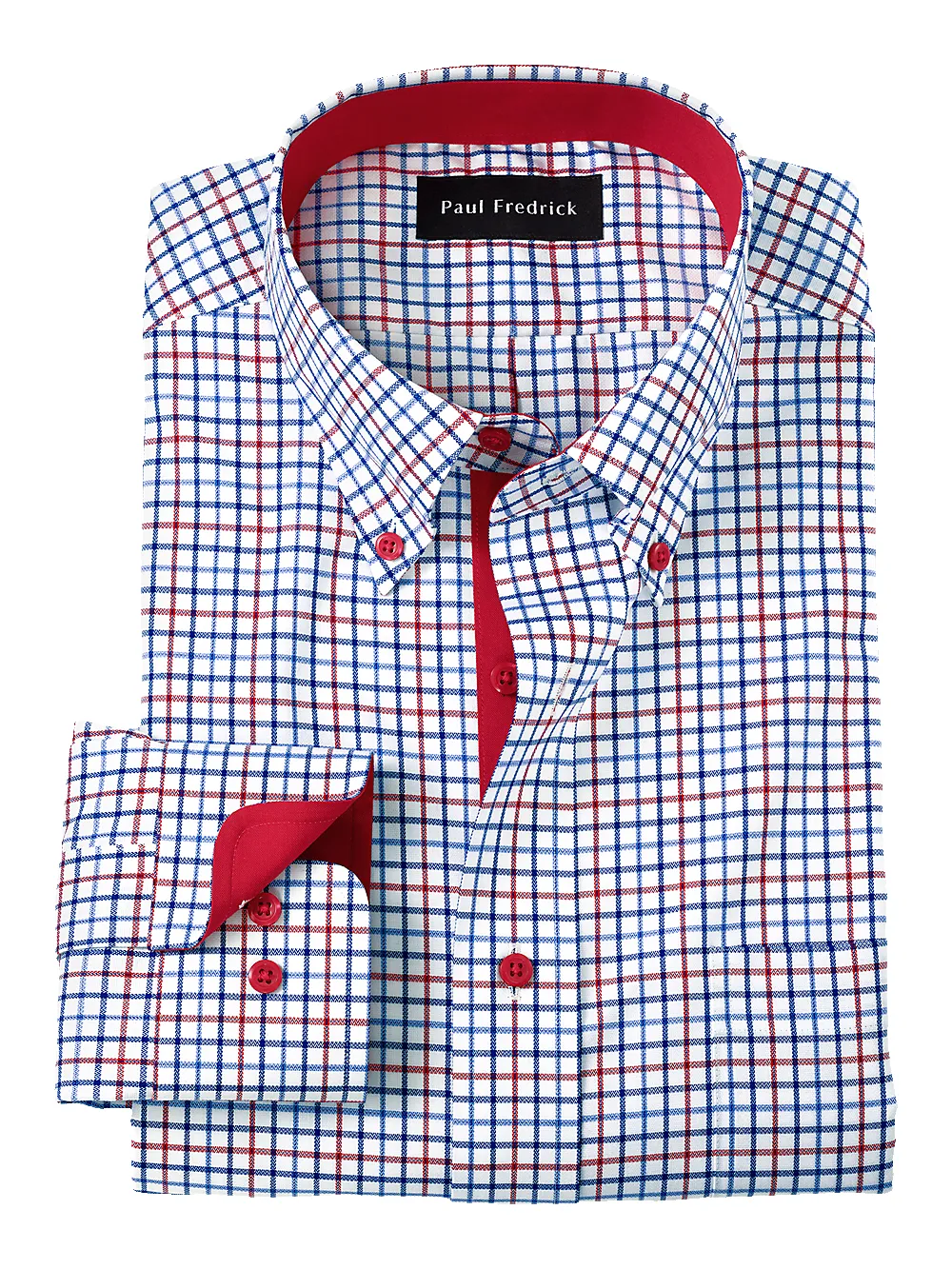 Non-Iron Cotton Tattersall Dress Shirt With Contrast Trim - Blue/red sold by Paul Fredrick