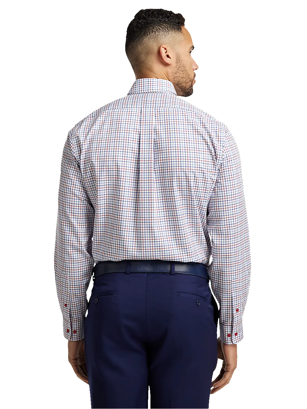 Non-Iron Cotton Tattersall Dress Shirt With Contrast Trim - Blue/red sold by Paul Fredrick product image thumbnail 5