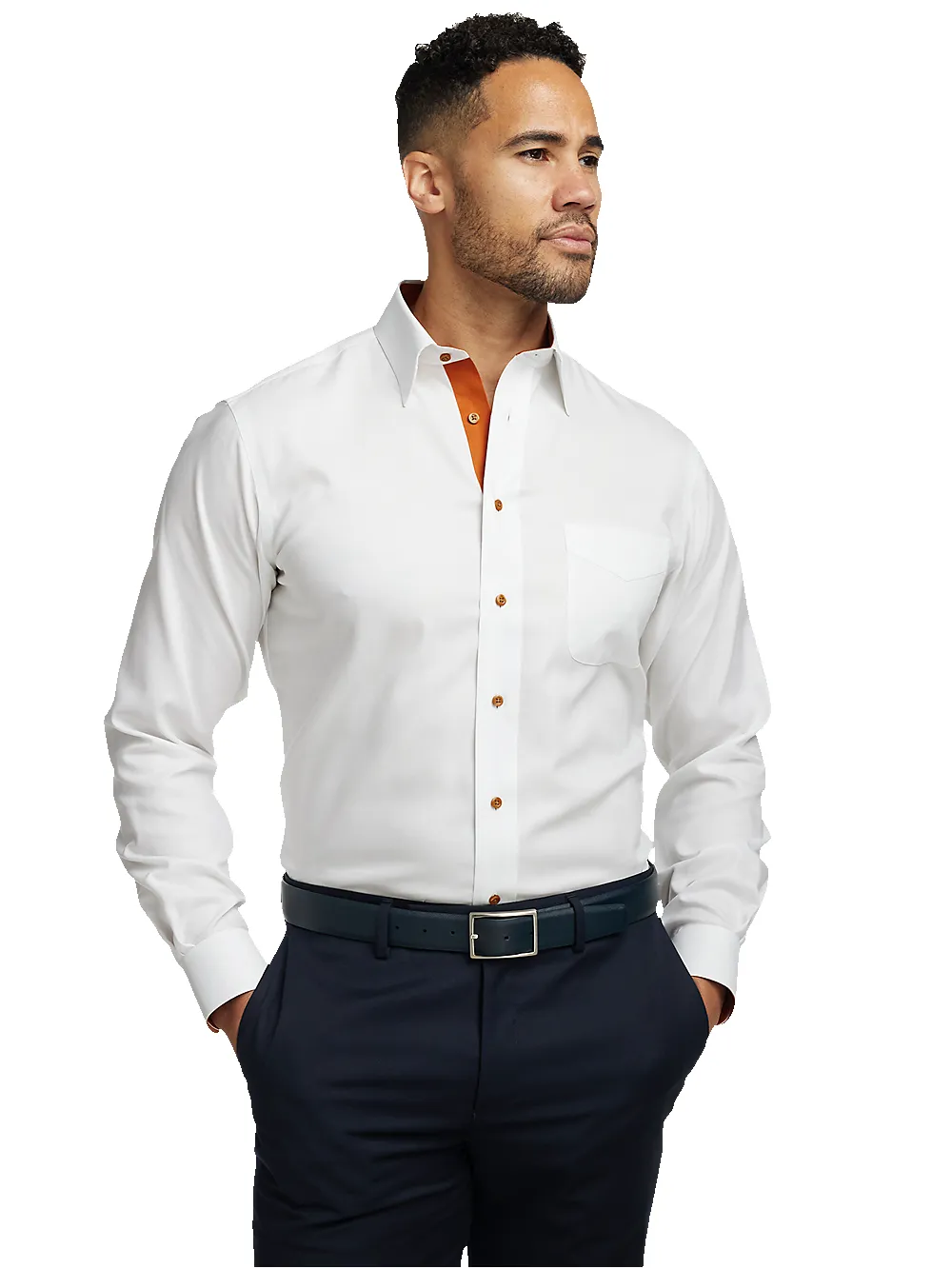 Comfort Stretch Non-Iron Solid Dress Shirt With Contrast Trim - White/rust sold by Paul Fredrick product image thumbnail 2