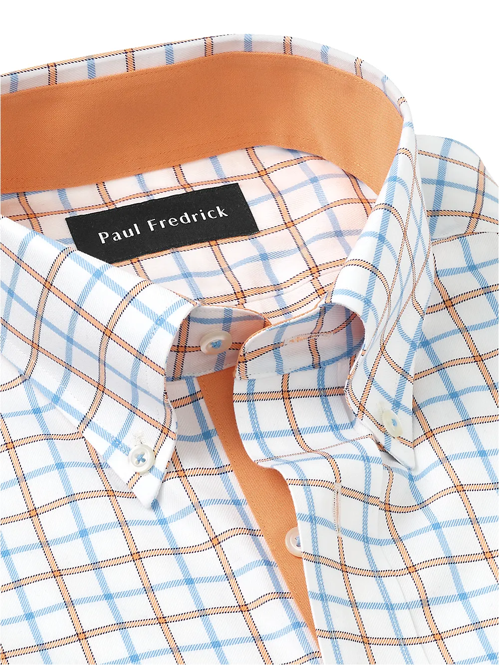 Non-Iron Cotton Windowpane Dress Shirt With Contrast Trim - Blue/melon sold by Paul Fredrick product image thumbnail 3