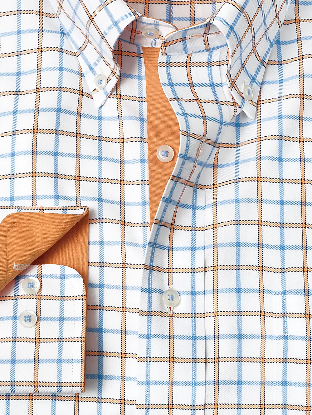 Non-Iron Cotton Windowpane Dress Shirt With Contrast Trim - Blue/melon sold by Paul Fredrick product image thumbnail 2