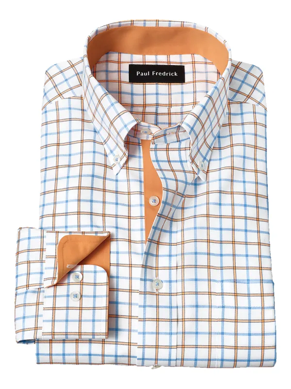 Non-Iron Cotton Windowpane Dress Shirt With Contrast Trim - Blue/melon sold by Paul Fredrick