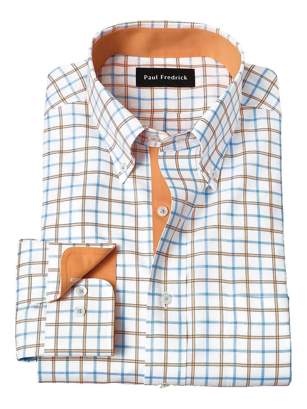 Non-Iron Cotton Windowpane Dress Shirt With Contrast Trim - Blue/melon sold by Paul Fredrick