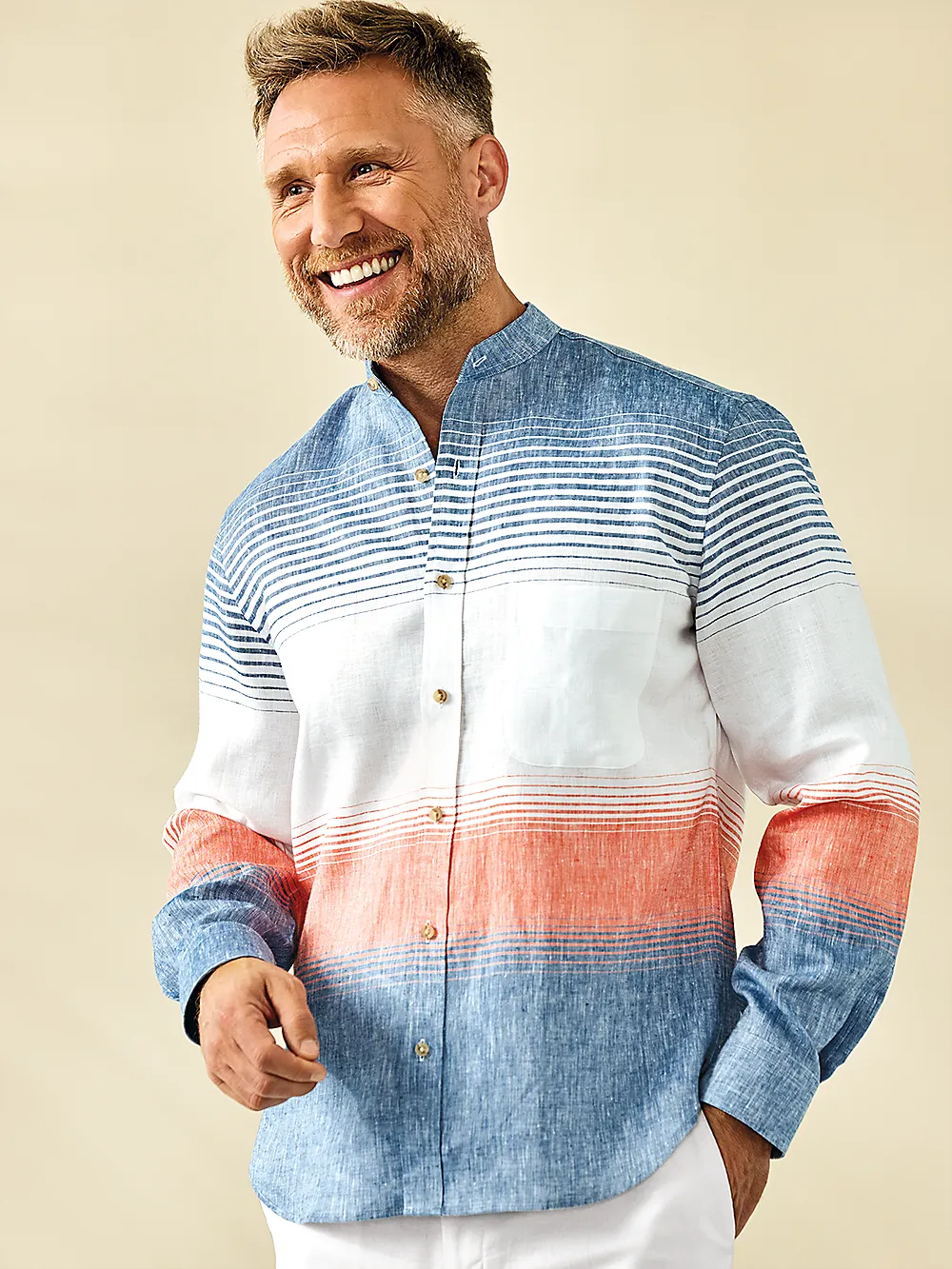 Linen Horizontal Stripe Casual Shirt - Orange/blue sold by Paul Fredrick product image thumbnail 2