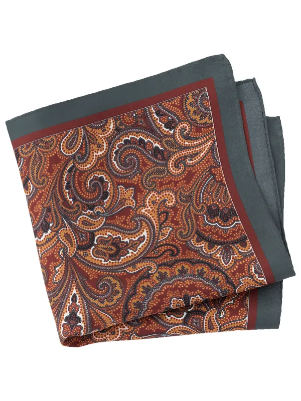 Paisley Silk Pocket Square - Rust/grey sold by Paul Fredrick