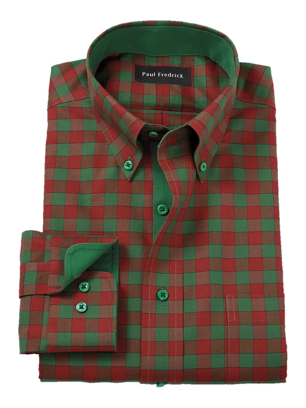 Non-Iron Cotton Gingham Dress Shirt With Contrast Trim - Green/rust made by Paul Fredrick
