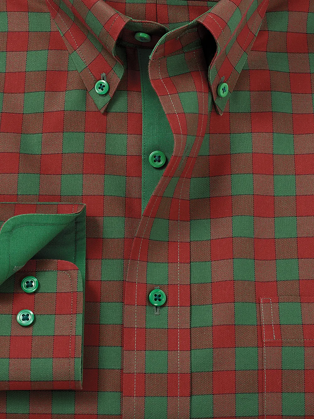Non-Iron Cotton Gingham Dress Shirt With Contrast Trim - Green/rust sold by Paul Fredrick product image thumbnail 2