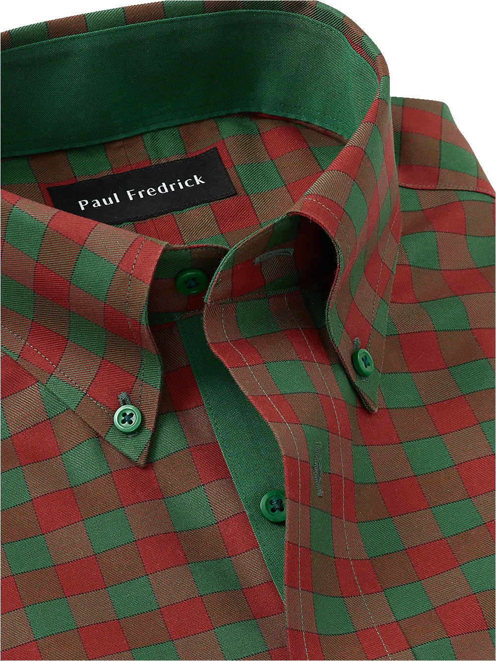 Non-Iron Cotton Gingham Dress Shirt With Contrast Trim - Green/rust sold by Paul Fredrick product image thumbnail 3