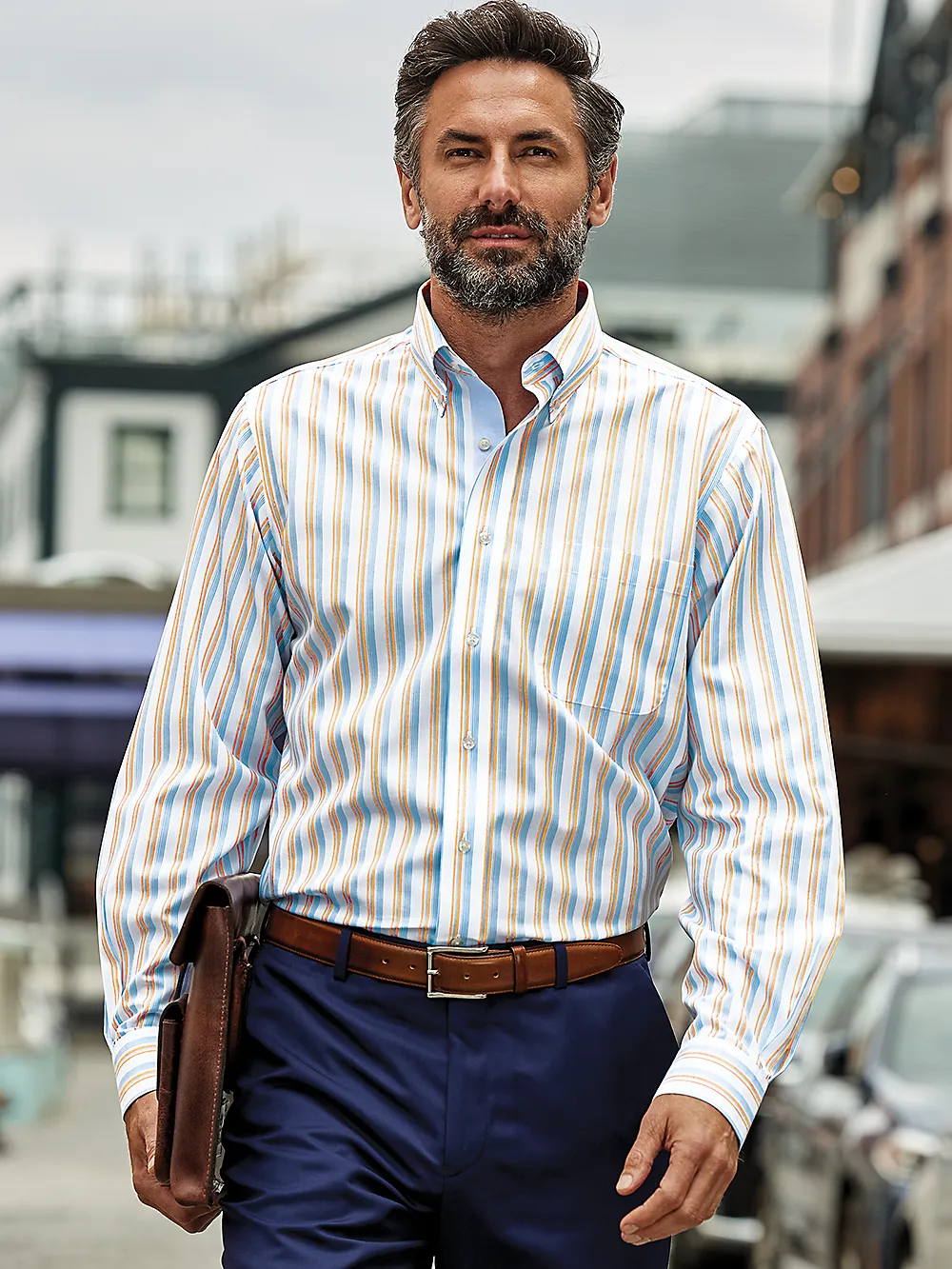 Non-Iron Cotton Stripe Dress Shirt With Contrast Trim - Blue/melon sold by Paul Fredrick product image thumbnail 2