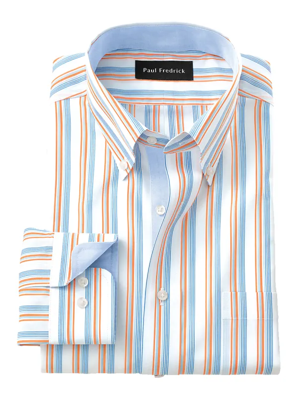 Non-Iron Cotton Stripe Dress Shirt With Contrast Trim - Blue/melon sold by Paul Fredrick