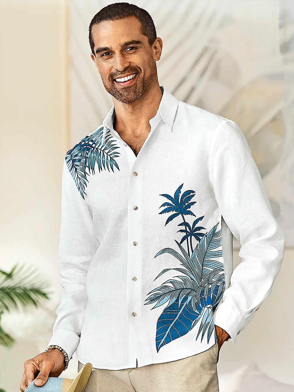 Linen Botanical Print Casual Shirt - White sold by Paul Fredrick product image thumbnail 2