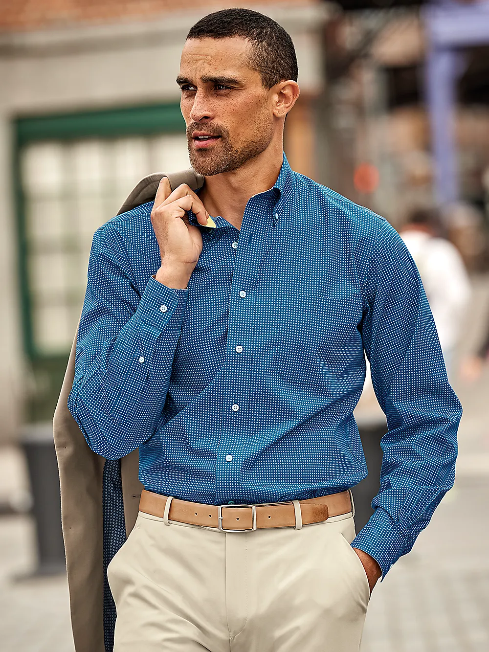 Non-Iron Cotton Geometric Print Dress Shirt With Contrast Trim - Blue sold by Paul Fredrick product image thumbnail 2