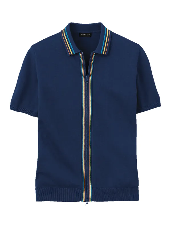 Cotton Full Zip Polo - Navy sold by Paul Fredrick
