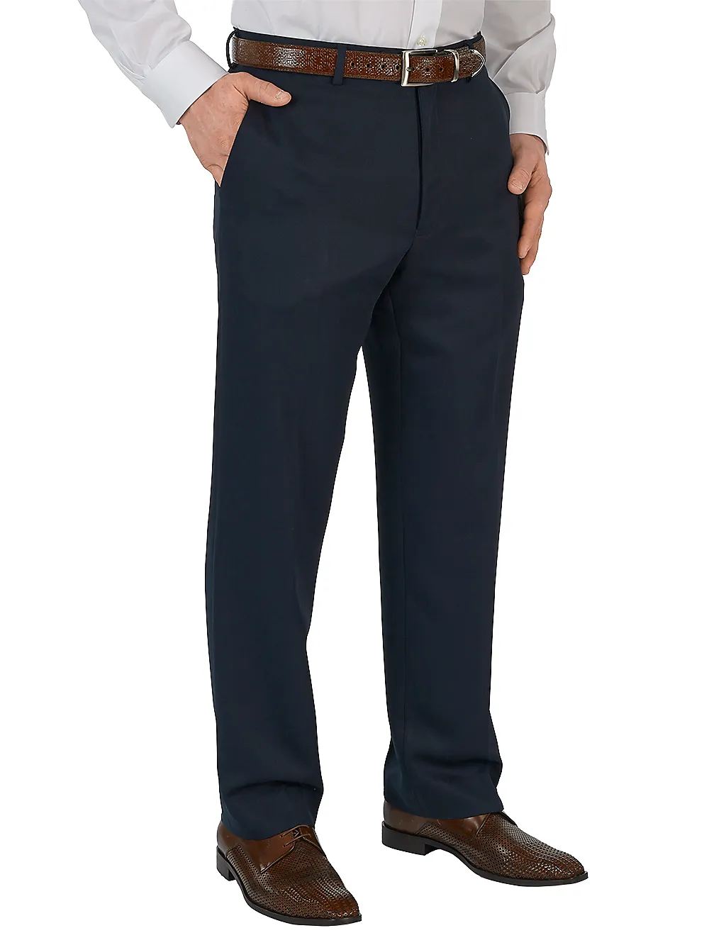 Microfiber Solid Flat Front Pants - Navy sold by Paul Fredrick