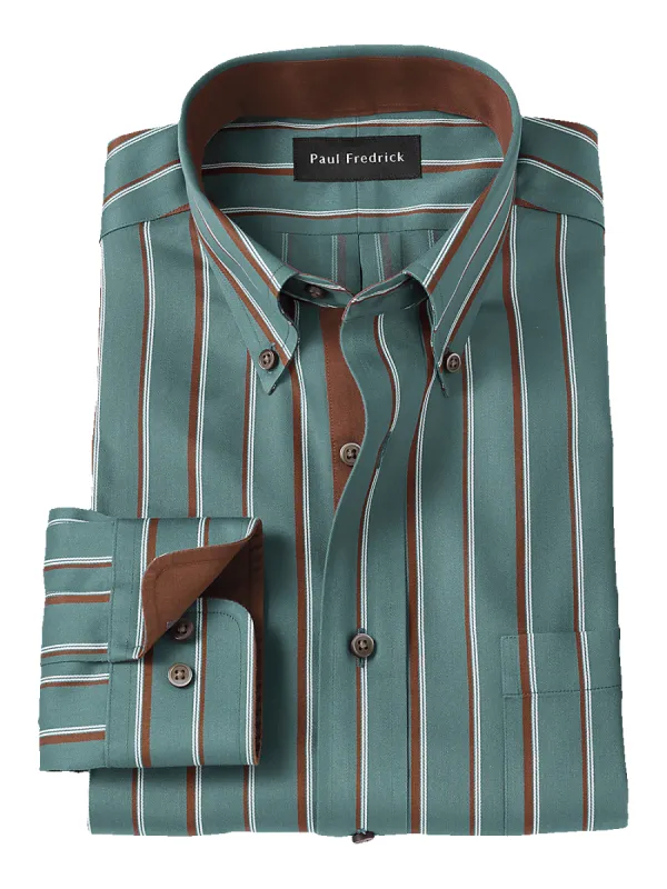 Non-Iron Cotton Stripe Dress Shirt With Contrast Trim - Pine Green sold by Paul Fredrick