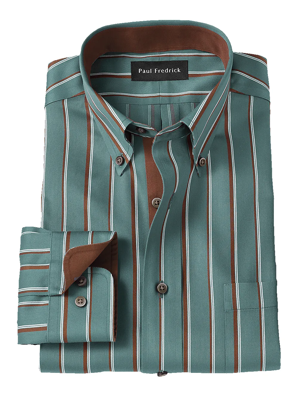 Non-Iron Cotton Stripe Dress Shirt With Contrast Trim - Pine Green sold by Paul Fredrick