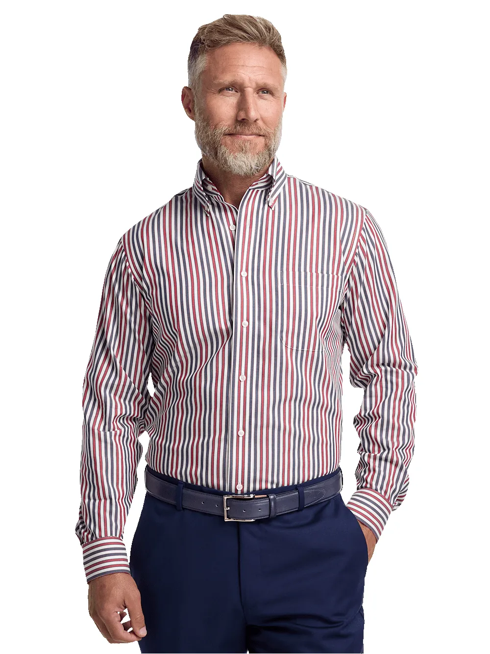 Non-Iron Cotton Stripe Dress Shirt With Contrast Trim - Navy/red sold by Paul Fredrick product image thumbnail 2