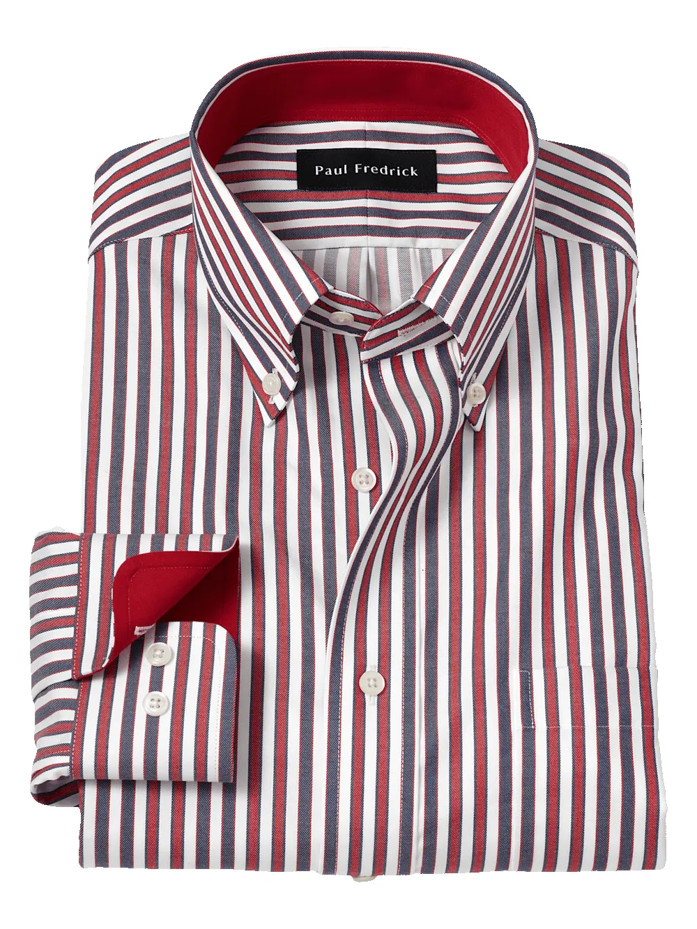 Non-Iron Cotton Stripe Dress Shirt With Contrast Trim - Navy/red sold by Paul Fredrick