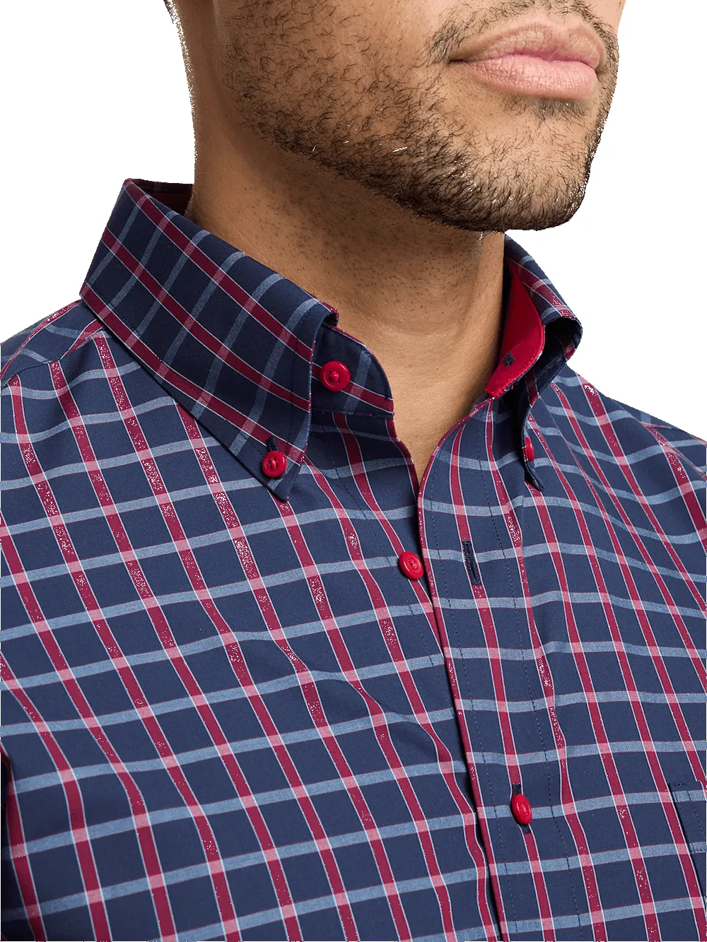 Non-Iron Cotton Plaid Dress Shirt With Contrast Trim - Navy/red sold by Paul Fredrick product image thumbnail 3