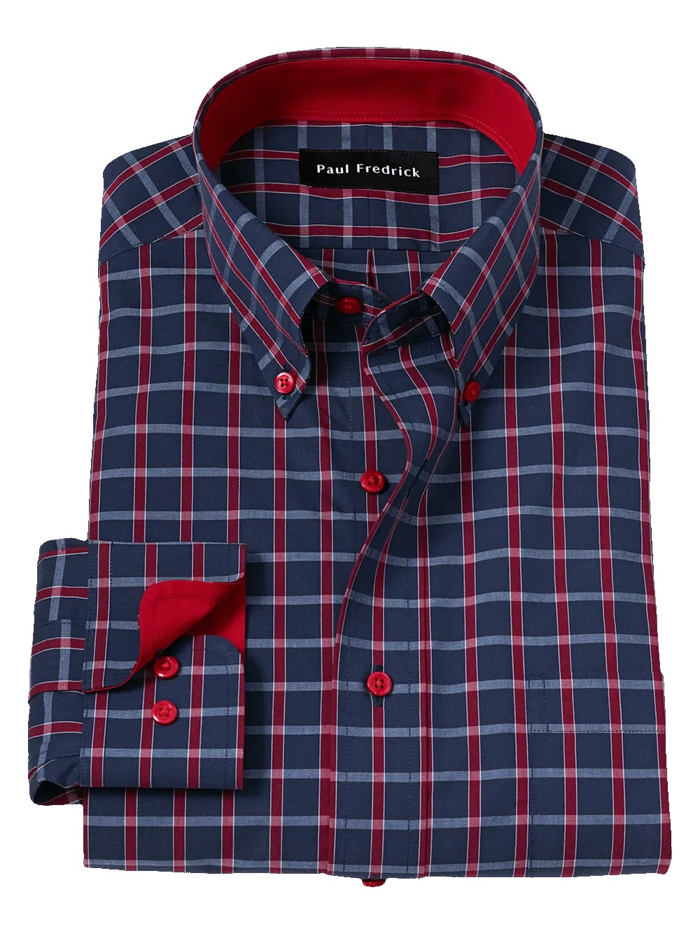 Non-Iron Cotton Plaid Dress Shirt With Contrast Trim - Navy/red sold by Paul Fredrick
