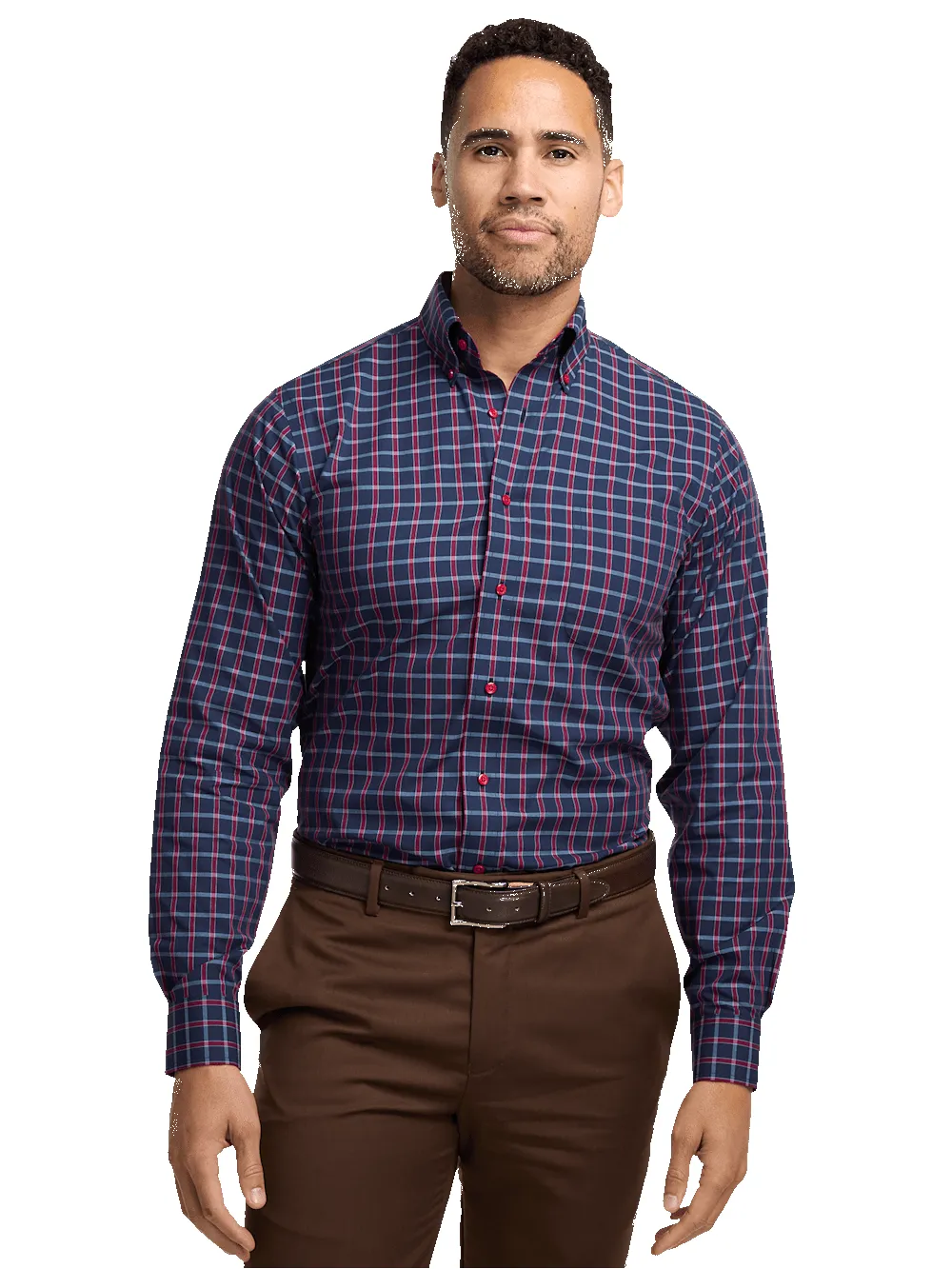 Non-Iron Cotton Plaid Dress Shirt With Contrast Trim - Navy/red sold by Paul Fredrick product image thumbnail 2