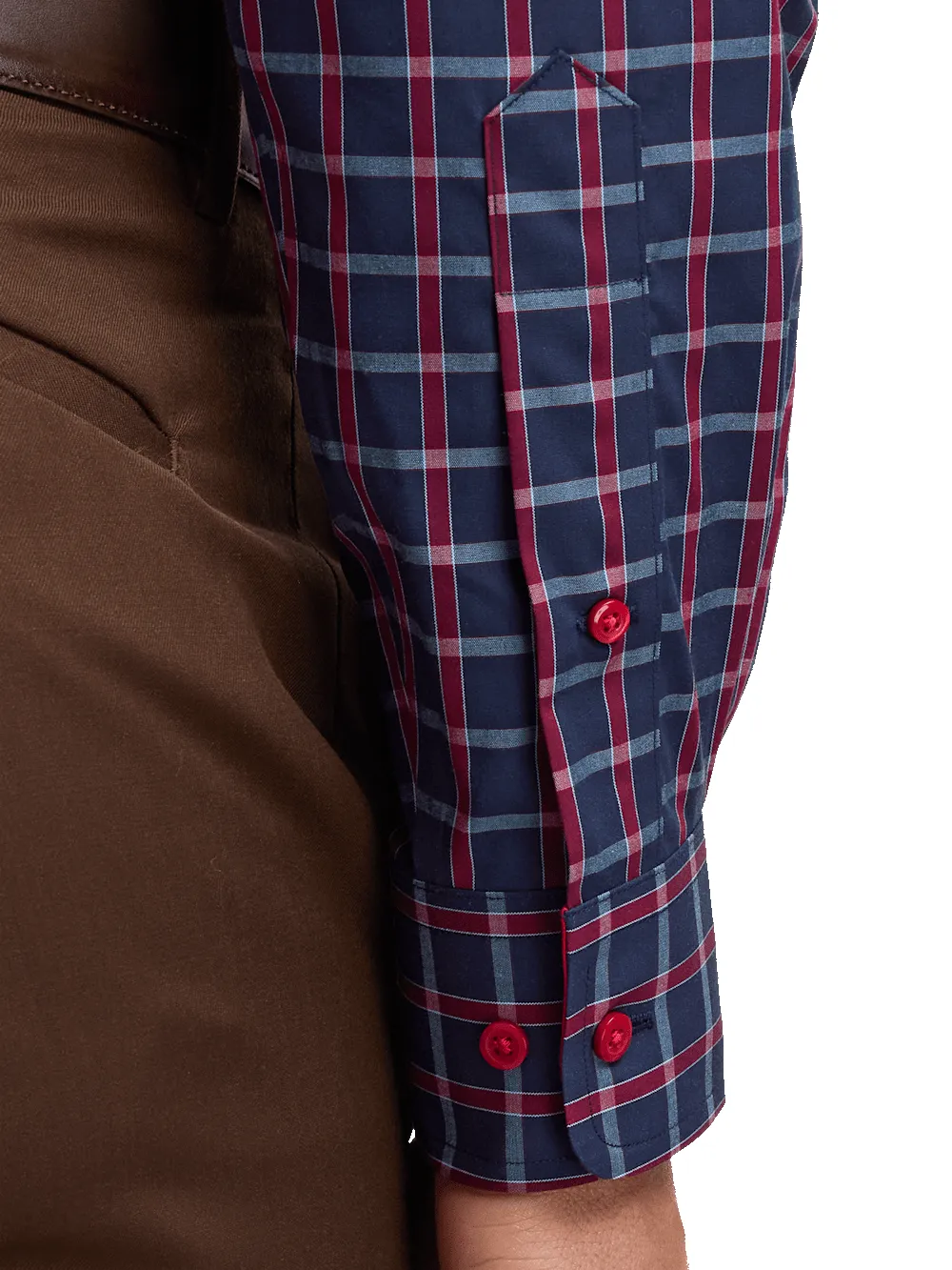 Non-Iron Cotton Plaid Dress Shirt With Contrast Trim - Navy/red sold by Paul Fredrick product image thumbnail 4