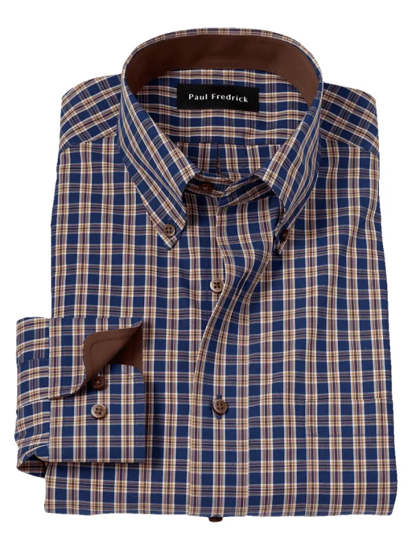 Non-Iron Cotton Plaid Dress Shirt With Contrast Trim - Blue/brown sold by Paul Fredrick