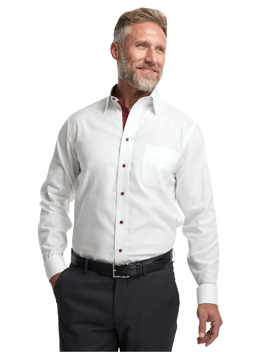 Comfort Stretch Non-Iron Solid Dress Shirt With Contrast Trim - White/burgundy sold by Paul Fredrick product image thumbnail 2