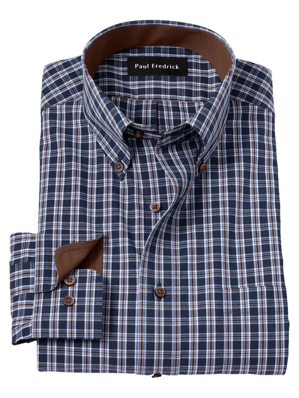 Non-Iron Cotton Plaid Dress Shirt With Contrast Trim - Navy/brown sold by Paul Fredrick