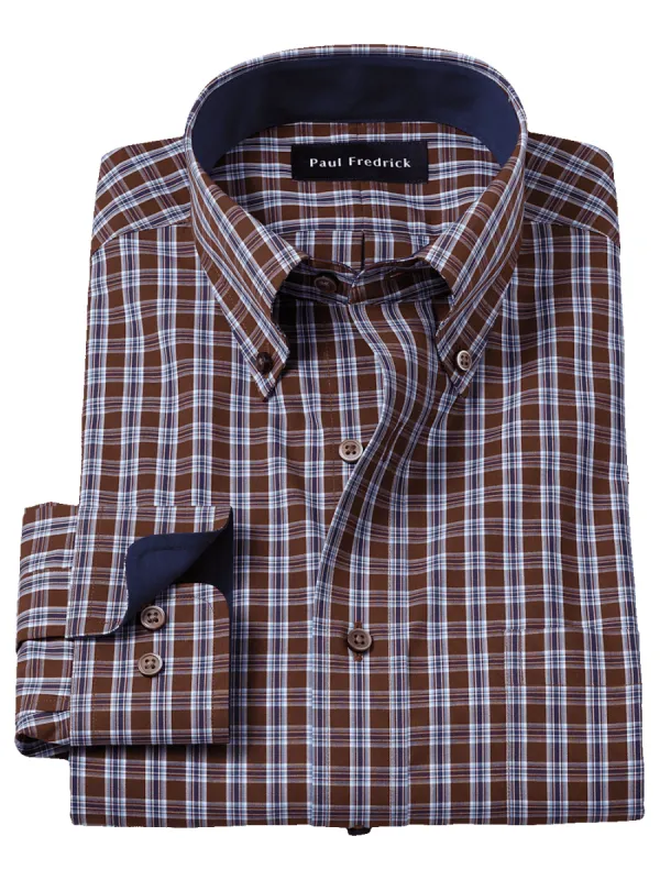 Non-Iron Cotton Plaid Dress Shirt With Contrast Trim - Brown/blue sold by Paul Fredrick