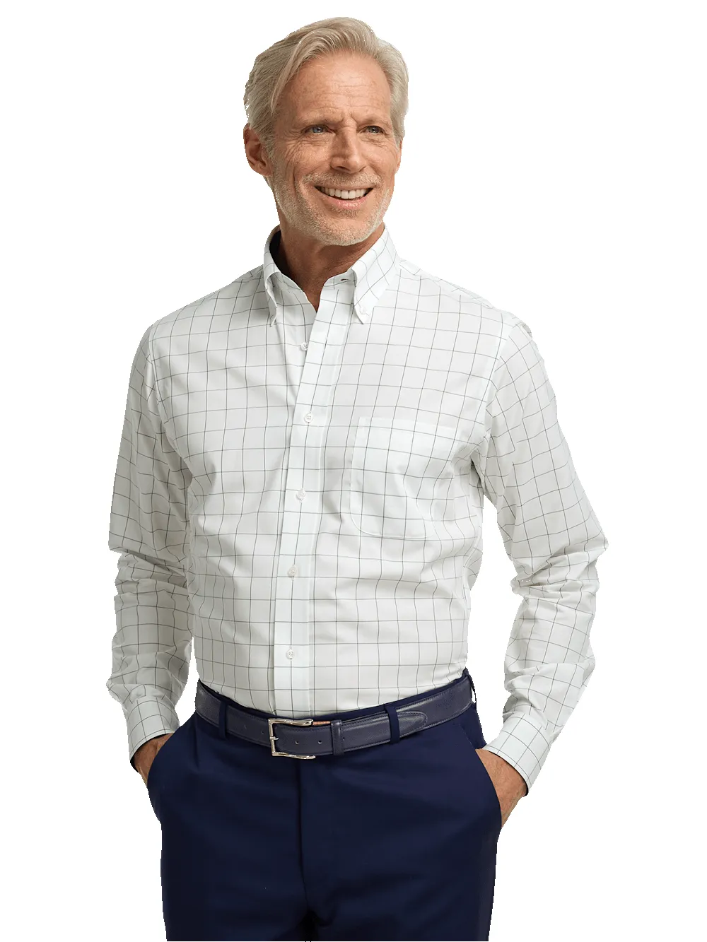 Non-Iron Cotton Windowpane Dress Shirt With Contrast Trim - Green sold by Paul Fredrick product image thumbnail 2