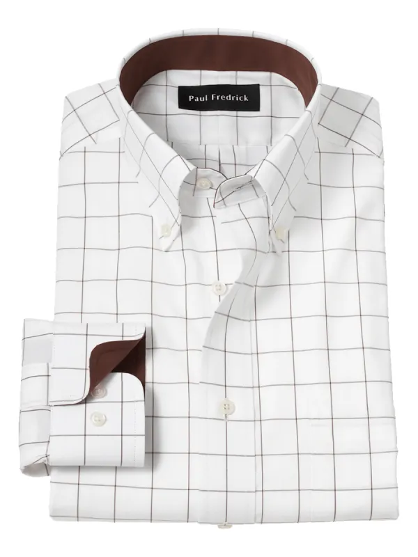 Non-Iron Cotton Windowpane Dress Shirt With Contrast Trim - Brown sold by Paul Fredrick