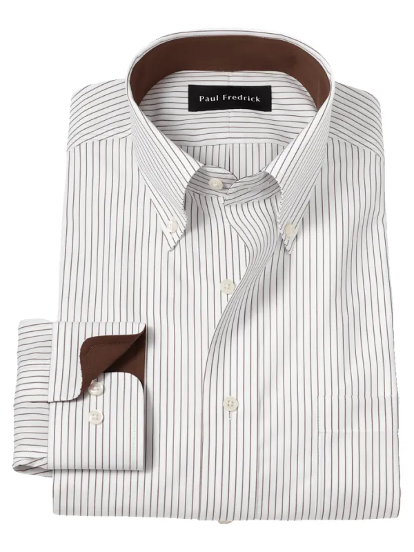 Non-Iron Cotton Stripe Dress Shirt With Contrast Trim - Brown sold by Paul Fredrick