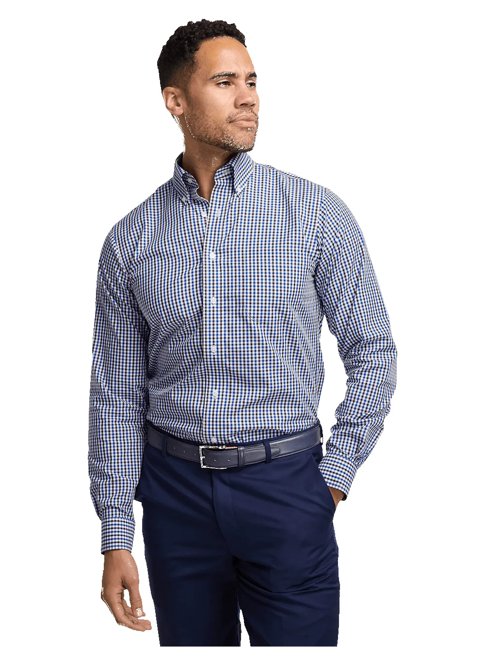 Non-Iron Cotton Gingham Dress Shirt With Contrast Trim - Blue/brown sold by Paul Fredrick product image thumbnail 2