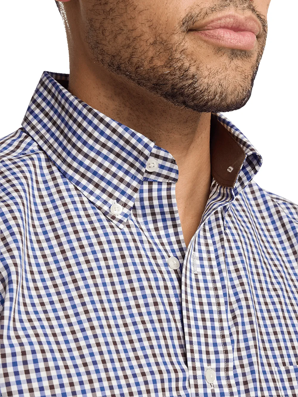 Non-Iron Cotton Gingham Dress Shirt With Contrast Trim - Blue/brown sold by Paul Fredrick product image thumbnail 3